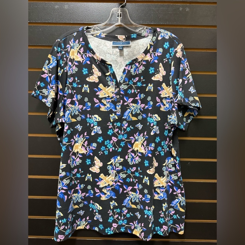 Karen Scott Floral Bird Henley Tee 1X